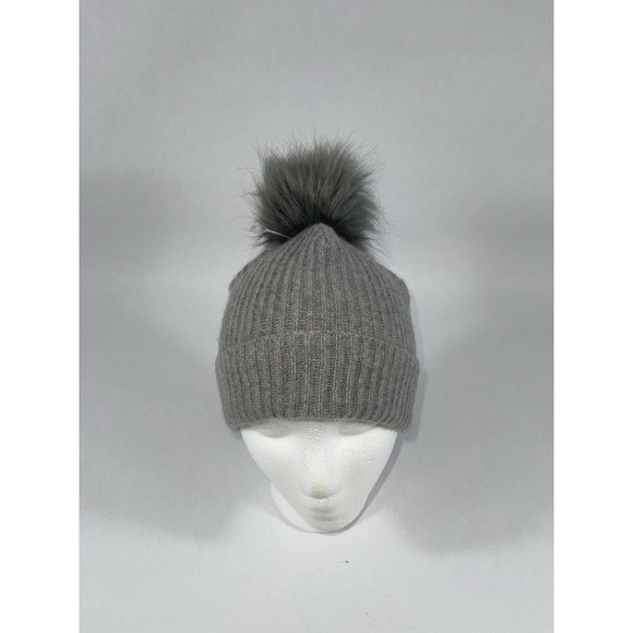 Portolano Women’s 100% Cashmere Faux Fur Pompom Beanie Gray , One Size - Picture 1 of 8